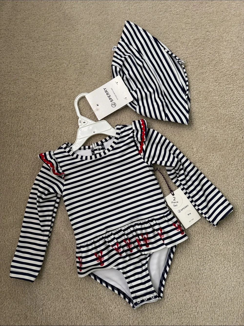 Sperry Navy & White Striped Long-Sleeve One-Piece Swim Set with Red Trim
